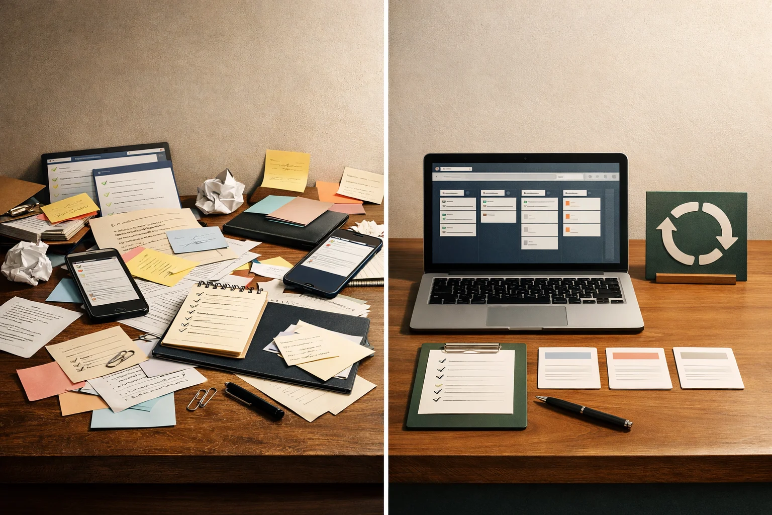 Before and after workflow boards showing how AI turns messy work into a repeatable system