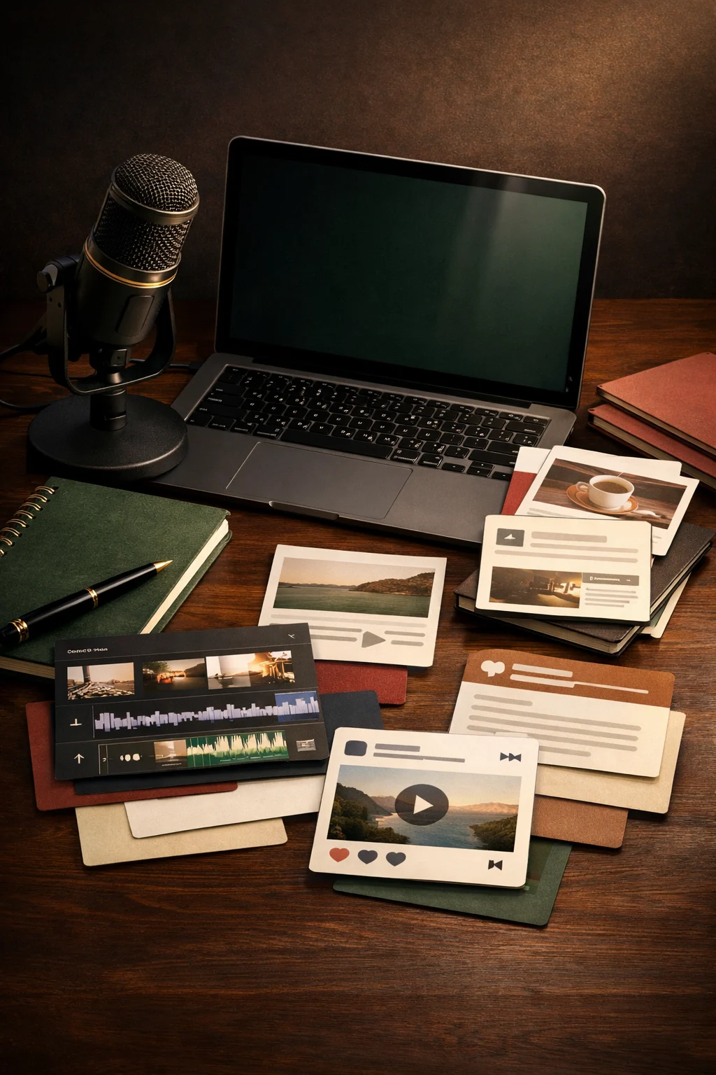 A course creation desk with a microphone, laptop, and social content cards