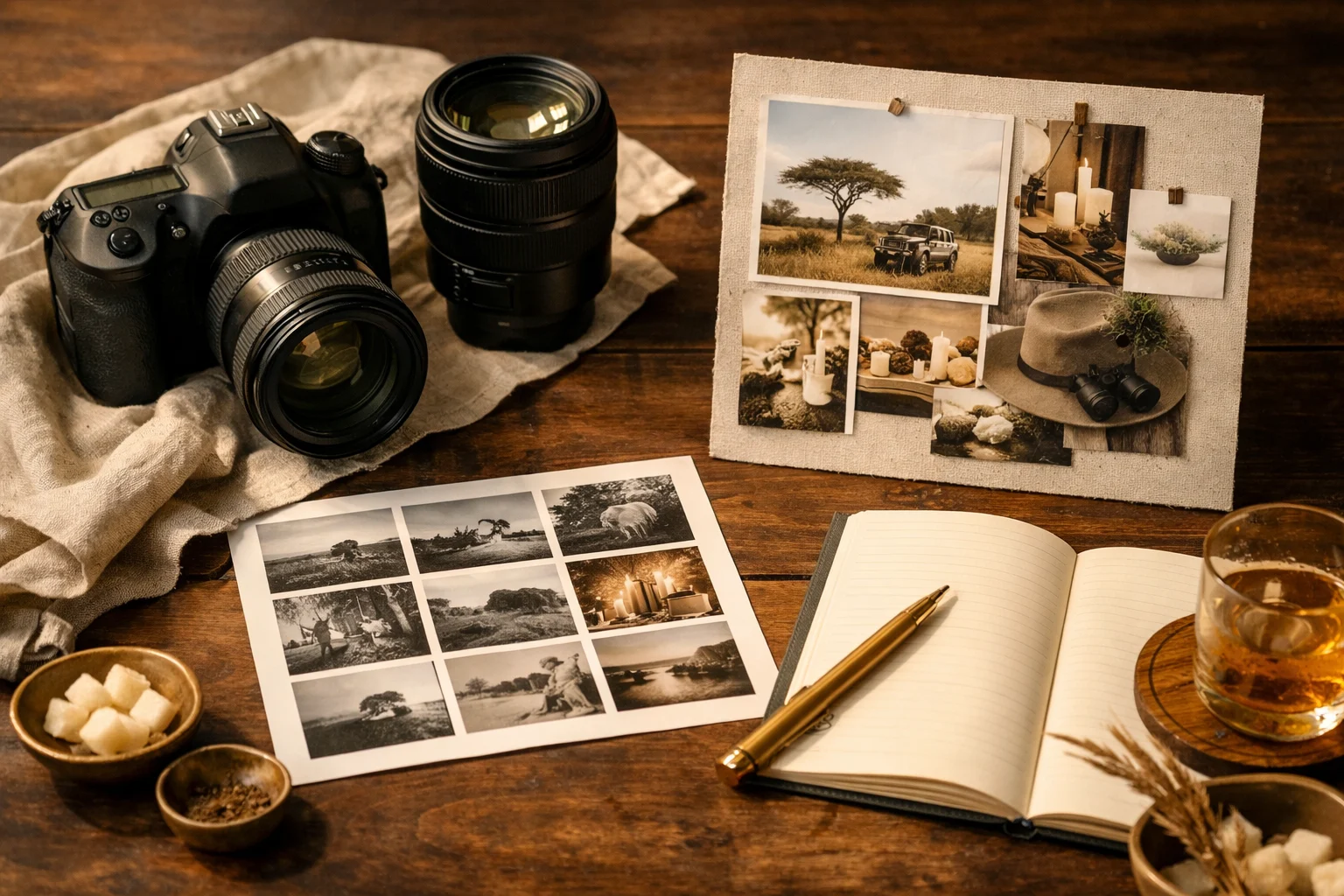 Cameras, notebooks, and workshop planning materials for a premium photography business class