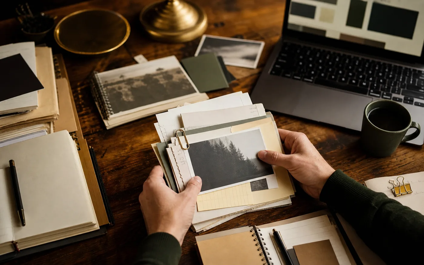 Organized source material on a table with notes and screenshots