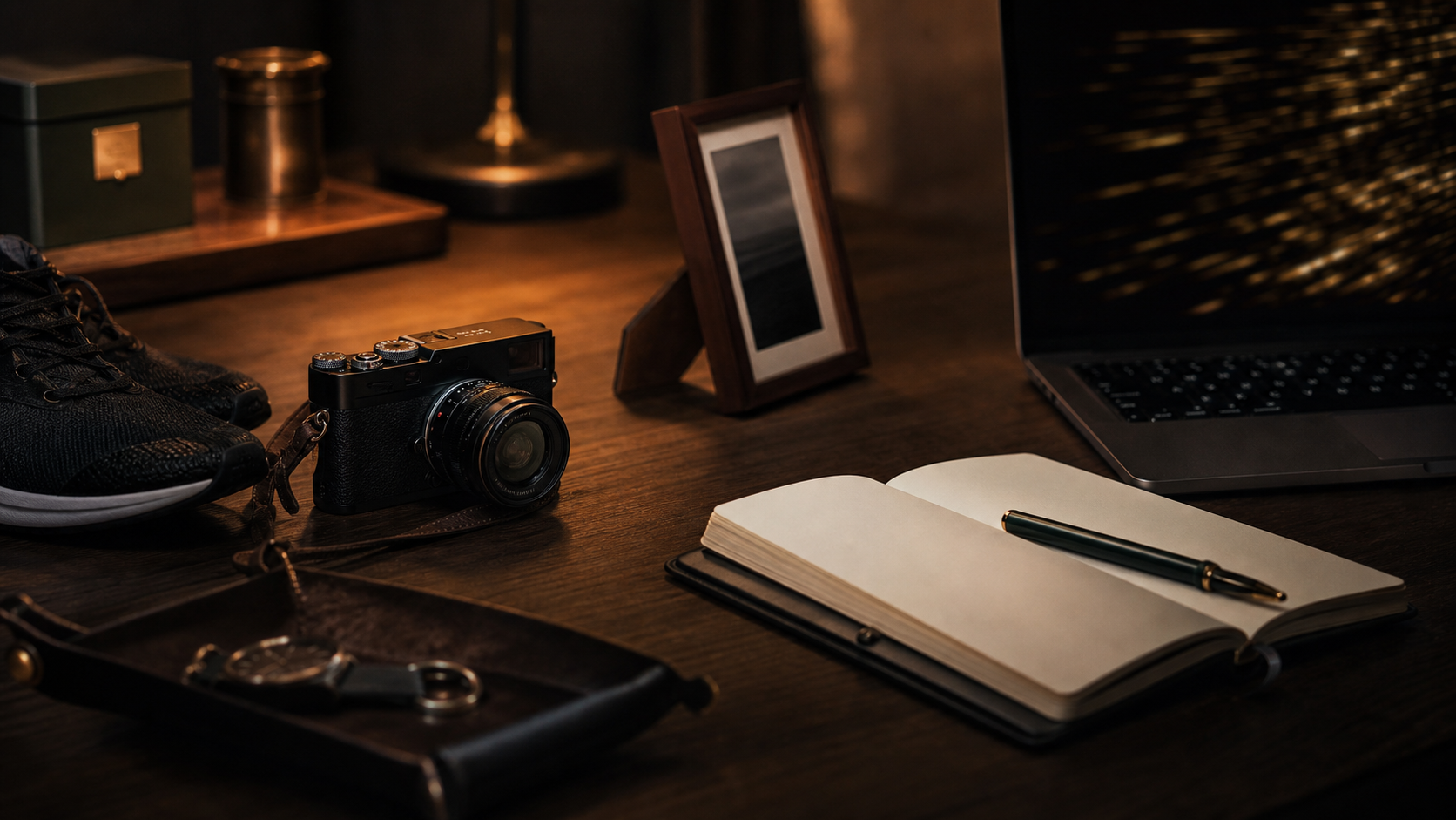 Camera, running shoes, notebook, and laptop on a dark desk