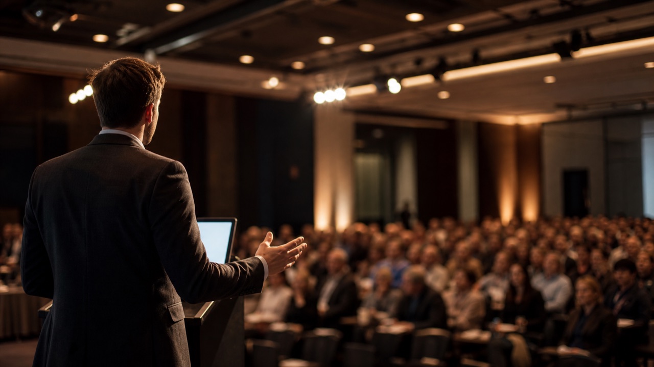 A speaker addressing a warm conference room